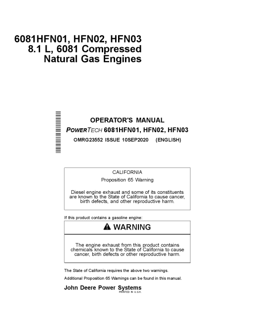 John Deere PowerTech 6081HFN01 HFN02 HFN03 Compressed Natural Gas 8.1L 6081 Engine Operation Maintenance Manual PDF Download
