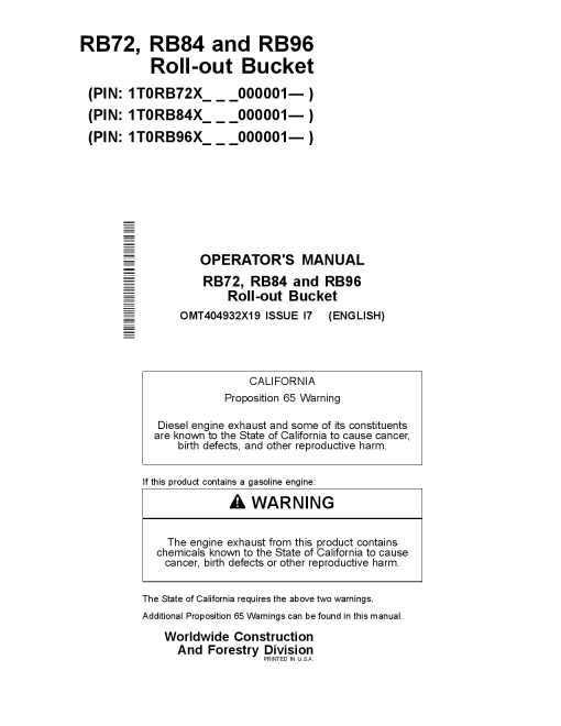 John Deere RB72 RB84 RB96 Roll-out Bucket Worksite Pro TM Operation Maintenance Manual PDF Download