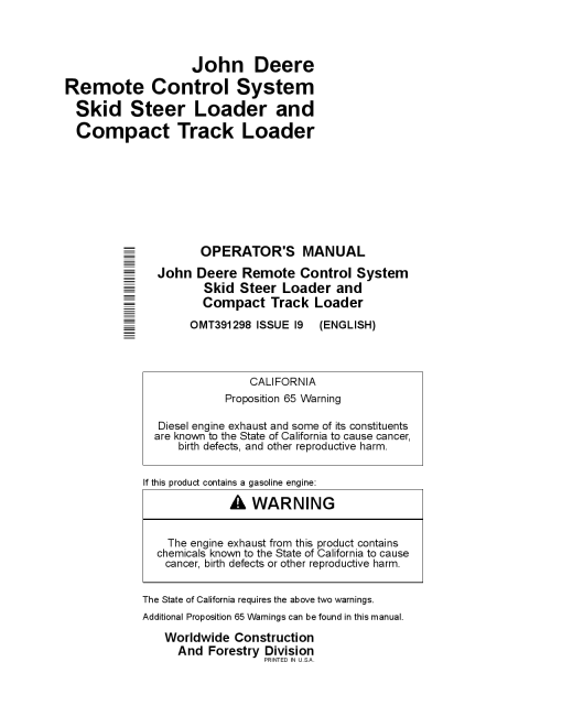 John Deere Remote Control System 312GR 314G 316GR 318G 317G Skid Steer Loader and Compact Track Loader Operation Maintenance Manual PDF Download