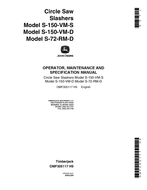 John Deere S-150-VM-D S-72-RM-D S-150-VM-S CIRCLE SAW SLASHERS Loader Forestry OMF305117 Operation Maintenance Manual PDF Download