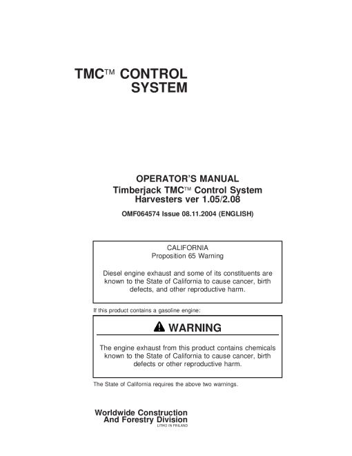 John Deere TMC Timberjack Harvesters Control Systems ver 1.05 2.08 OMF064574 Operation Maintenance Manual PDF Download