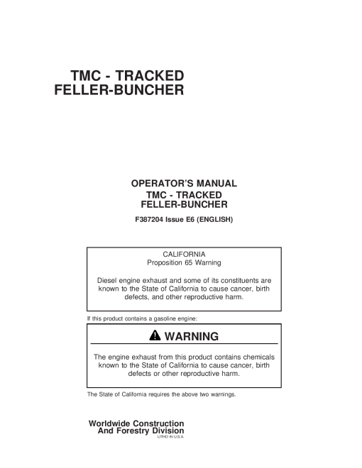 John Deere TMC Tracked Feller Buncher Timberjack F387204 Operation Maintenance Manual PDF Download