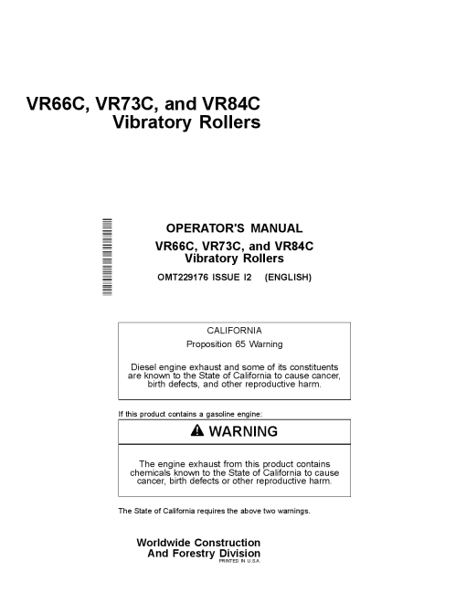 John Deere VR66C VR73C VR84C Vibratory Roller Construction Operation Maintenance Manual PDF Download