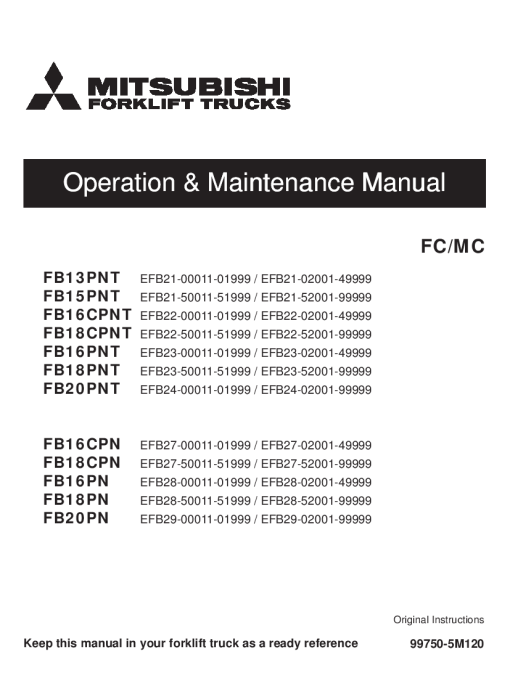 Mitsubishi FB16CPNT FB18CPNT FB16PN FB 18PN FB20PN Forklift Operation and Maintenance Manual PDF download