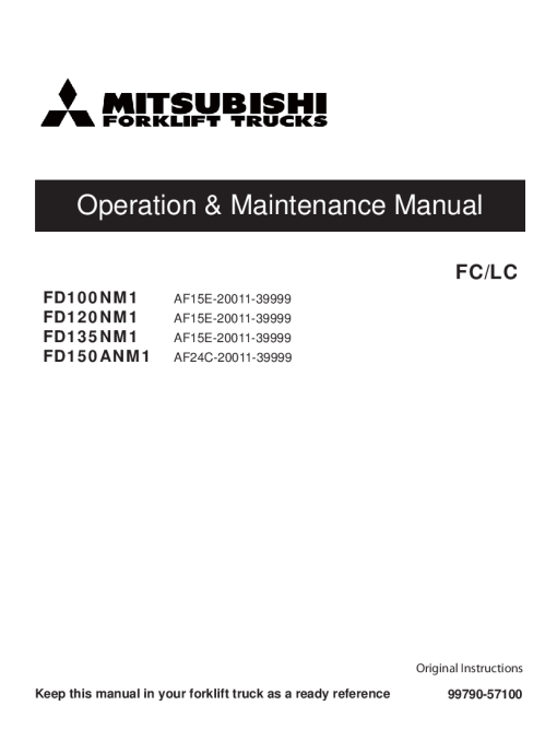 Mitsubishi FD100NM1 FD120NM1 FD135NM1 FD150ANM1 Forklift Trucks Operation and Maintenance Manual PDF download