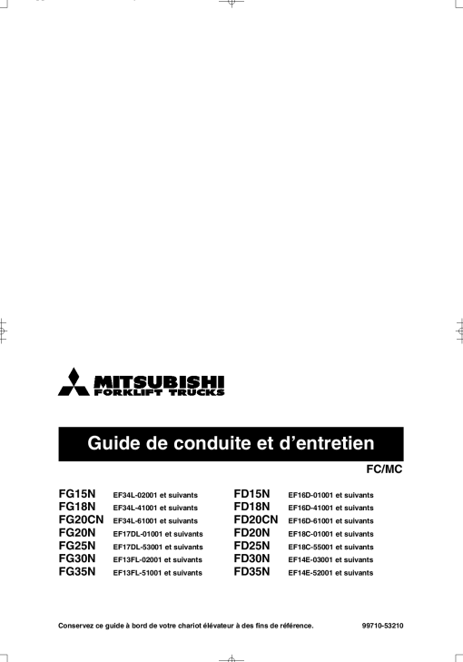 Mitsubishi FD15N FD18N FD20CN FD20N FD25N FD30N FD35N Forklift Trucks French Manuel dutilisation et dentretien a telecharger au format PDF