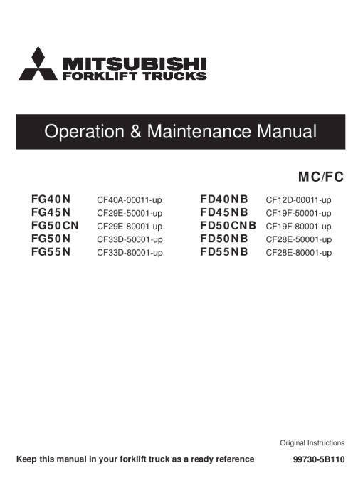 Mitsubishi FD40NB FD45NB FD50CNB FD50NB FD55NB Forklift Trucks Serial CF-Operation and Maintenance Manual PDF download