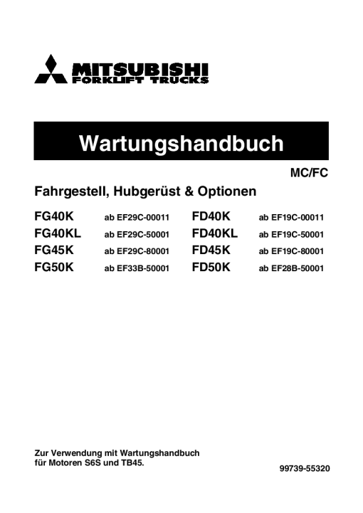 Mitsubishi FG40K FG45K FG50K FG40KL Forklift Trucks German Service Werkstatthandbuch PDF Download