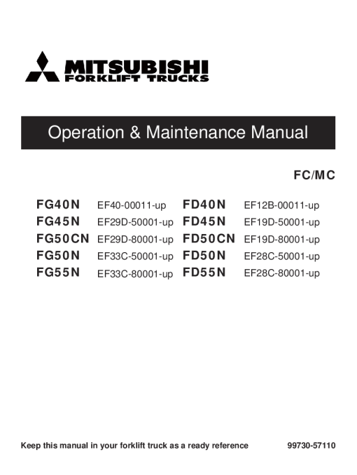 Mitsubishi FG40N FG45N FG50CN FG50N FG55N Forklift Trucks Serial EF Operation and Maintenance Manual PDF download