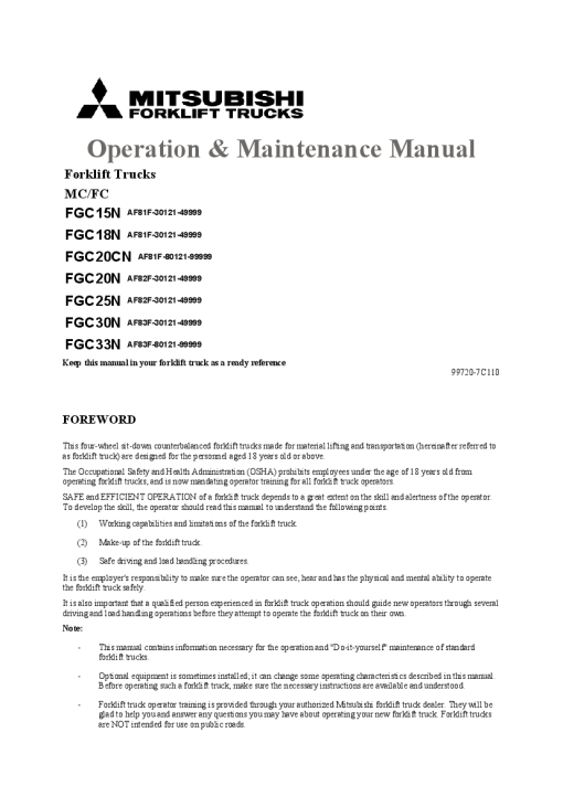 Mitsubishi FGC15N FGC18N FGC20CN FGC20N FGC25N FGC30N FGC33N Forklift Trucks Operation and Maintenance Manual PDF download