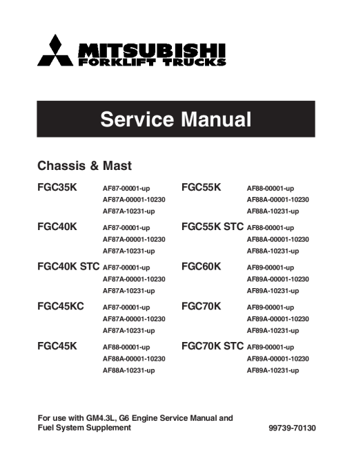Mitsubishi FGC35K FGC40K FGC45K FGC55K FGC60K FGC70K Forklift Trucks Serial 00001-up Service Workshop Manual PDF download
