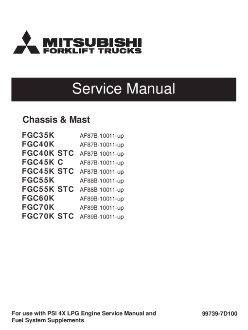 Mitsubishi FGC40K STC FGC55K STC FGC70K STC FGC45K C Forklift Trucks Serial 10011-up Service Workshop Manual PDF download