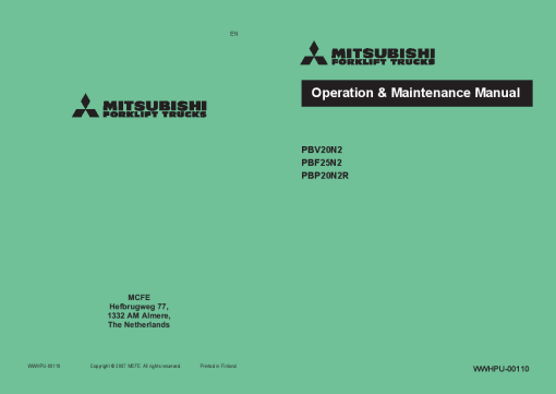 Mitsubishi PBV20N2 PBV25N2 PBP20N2R Forklift Trucks Operation and Maintenance Manual PDF download