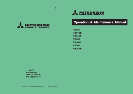 Mitsubishi RB14K RB14KE RB14XE RB16K RB16KN RB20K RB25KH Forklift Trucks Operation and Maintenance Manual PDF download