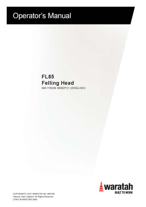 Waratah FL85 Felling Head WA115036 Operation Maintenance Manual PDF Download